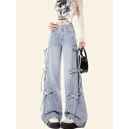 MEXZT Y2K 2000S Jeans Women Vintage Streetwear Bow Bandage Wide Leg Denim Pants Harajuku Korean Baggy Casual Straight Trousers JNi3 shop