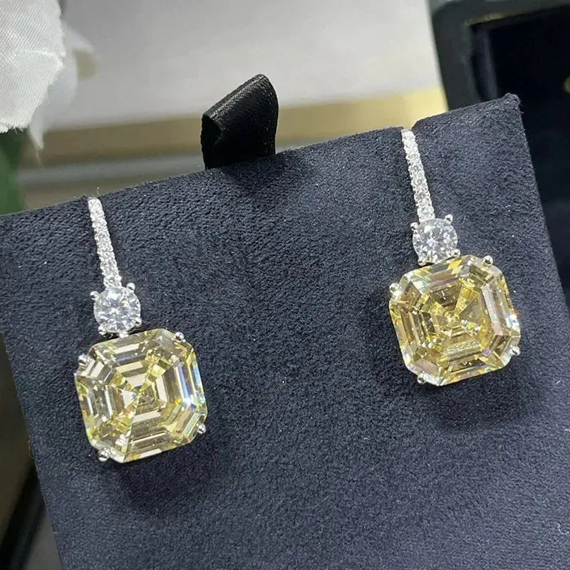 ELSIEUNEE 100% 925 Strerling Silver 12*12MM Asscher Cut Sparkling Citrine High Carbon Diamond Drop Earrings for Women Party Gift JNi3 shop