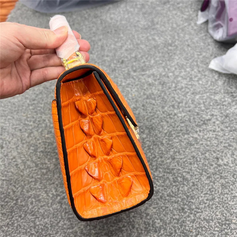 Genuine Alligator Skin Key Lock Closure Lady Small Green Handbag Authentic Crocodile Leather Women Flap Purse Cross Shoulder Bag