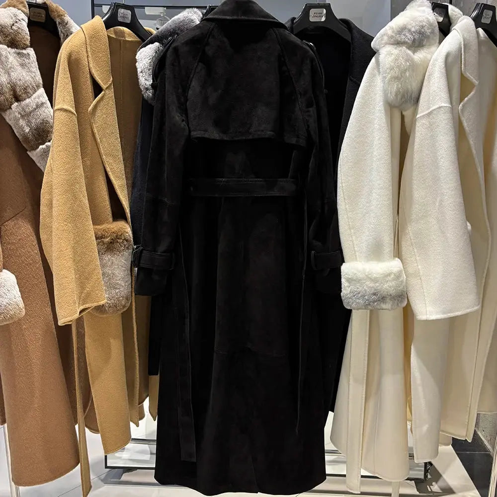 Women's Real Leather Trench Coat Long High Quality Windbreak Oversized JNi3 shop