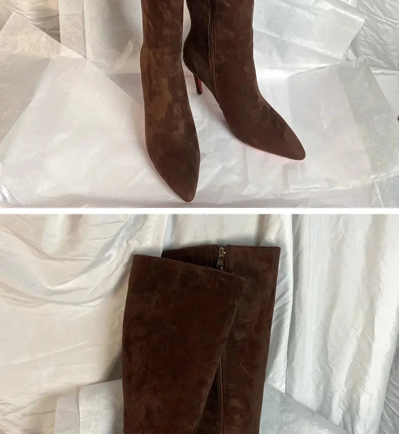 Ods Luxury Designer Sexy Pointed Toe Pole Knee High Brown Black Leather Red Sole Botas Mujer Boots For Women 8 10cm Big JNi3 shop