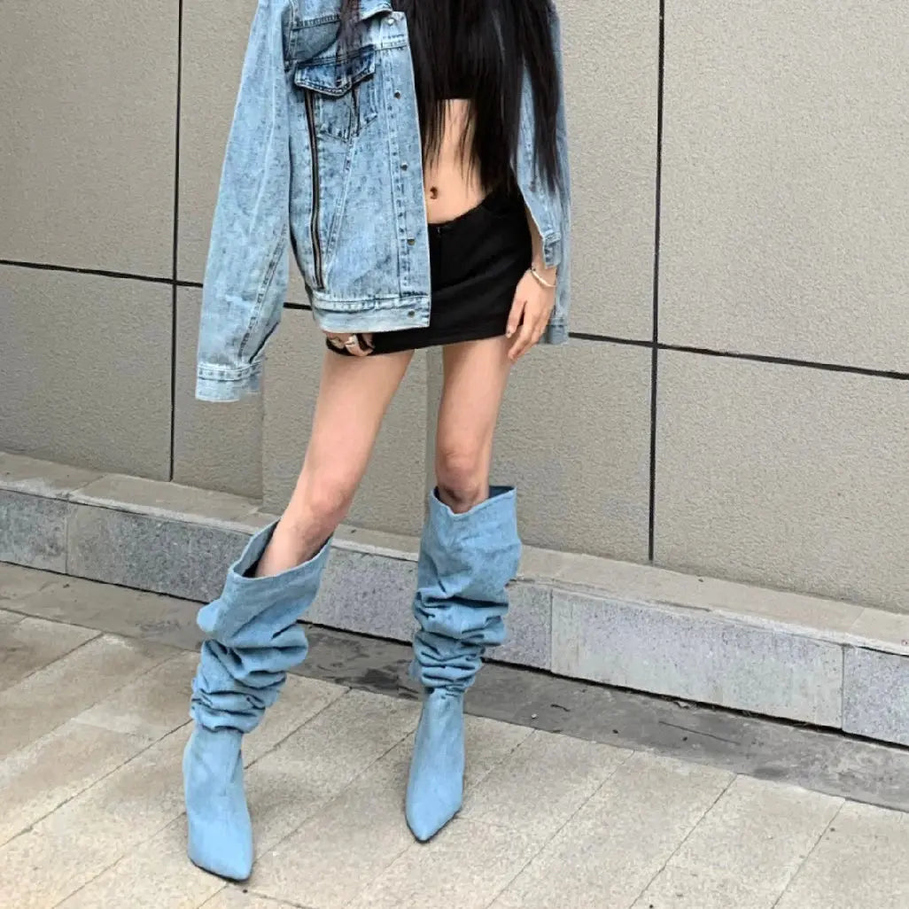 High-Top Western Cowboy Knight Boots Women's Pointed Toe arp Heel Denim Folded  Faionable Spring Summer New Sle JNi3 shop