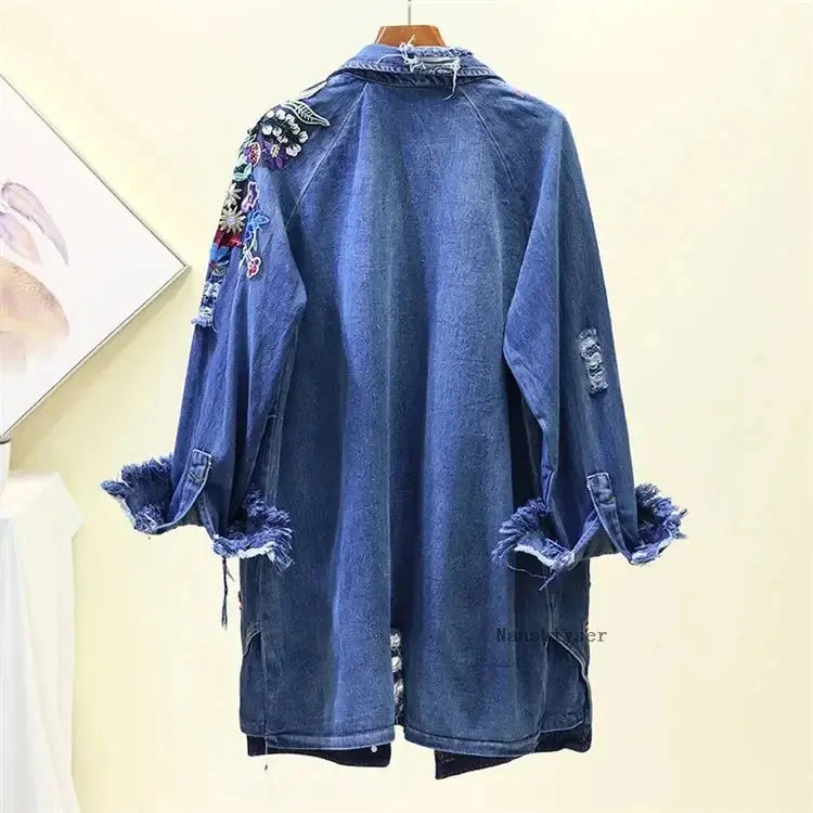 Spring Autumn Loose Vintage Flower Embroidered Denim Jacket Women Single-breasted Casual Raw Fringe Hole Jeans Jackets Female JNi3 shop