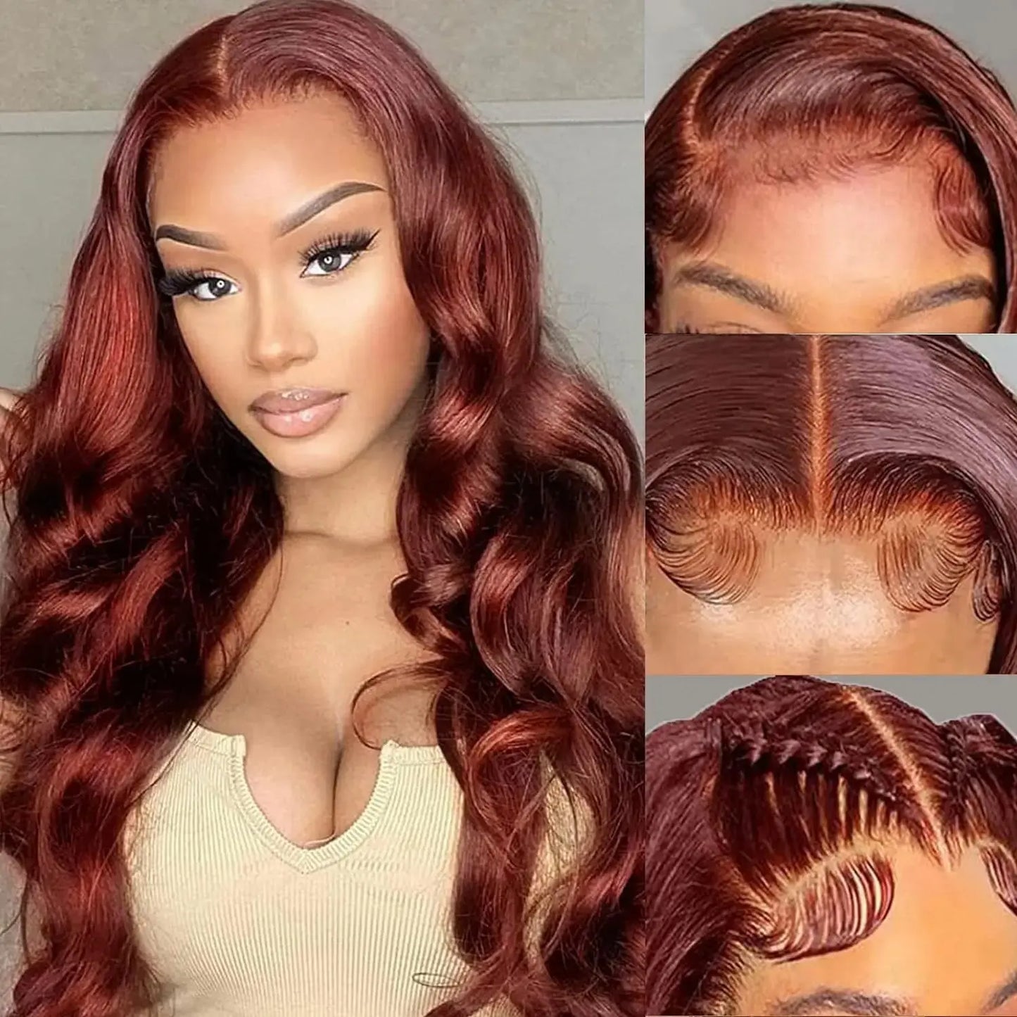 13x6 Reddish Brown Women's Wigs Synthetic Lace Front Wig Red Body Wave Lace Frontal Wig Glueless Pre Plucked With Baby Hair Wig JNi3 shop
