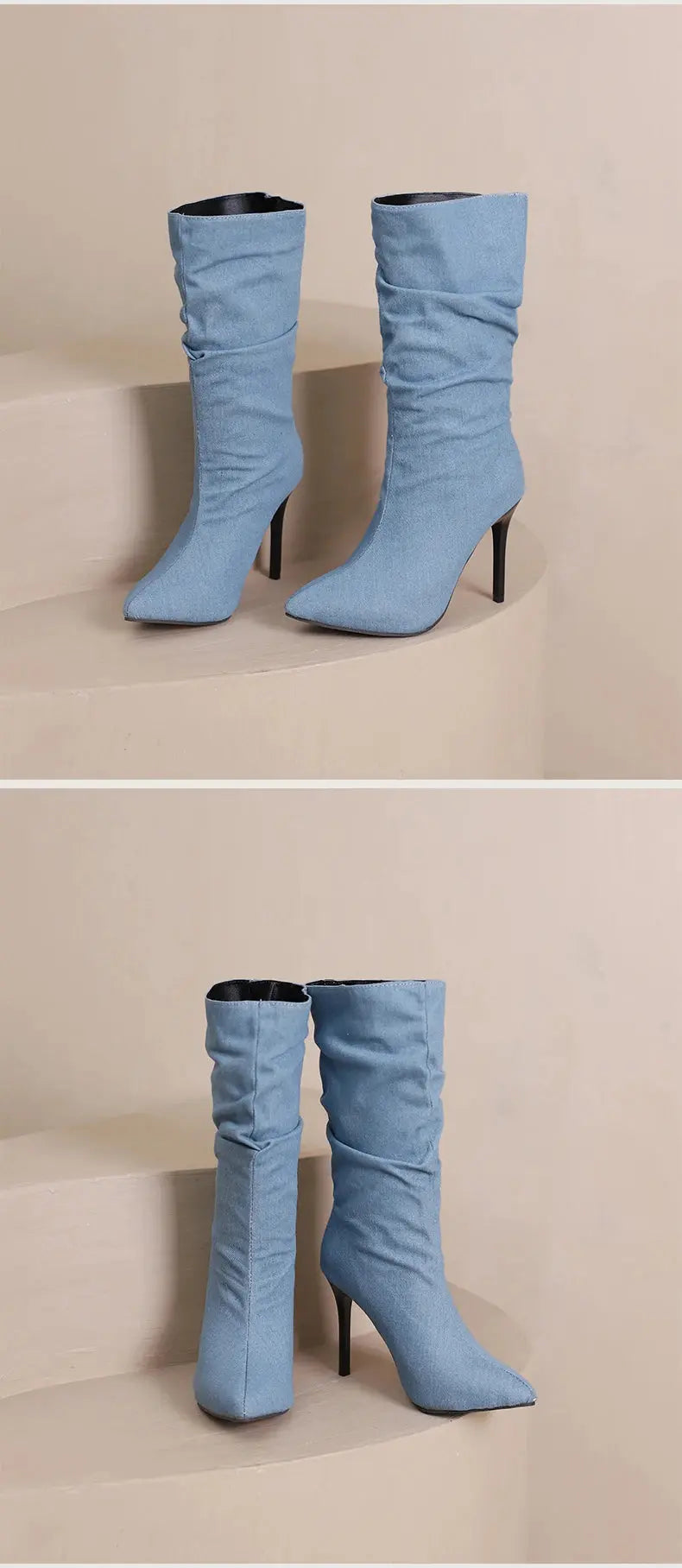 2024 New Plus Size Pointed Toe Ultra-High Slim Heel TPR Sole Light Blue Denim Mid –Calf Boots Pleated Plush Lining Sexy Boots JNi3 shop