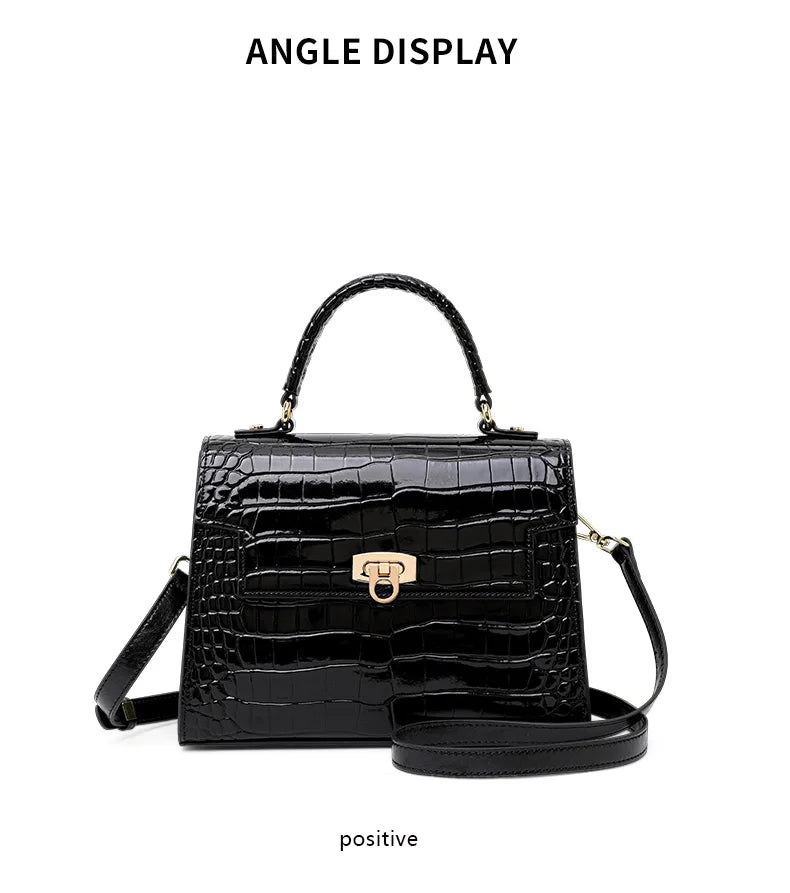 New Lacquer Skin Crocodile Pattern Women's Handbag Top Layer Cowhide Styled High Grade Single Shoulder Crossbody Bag