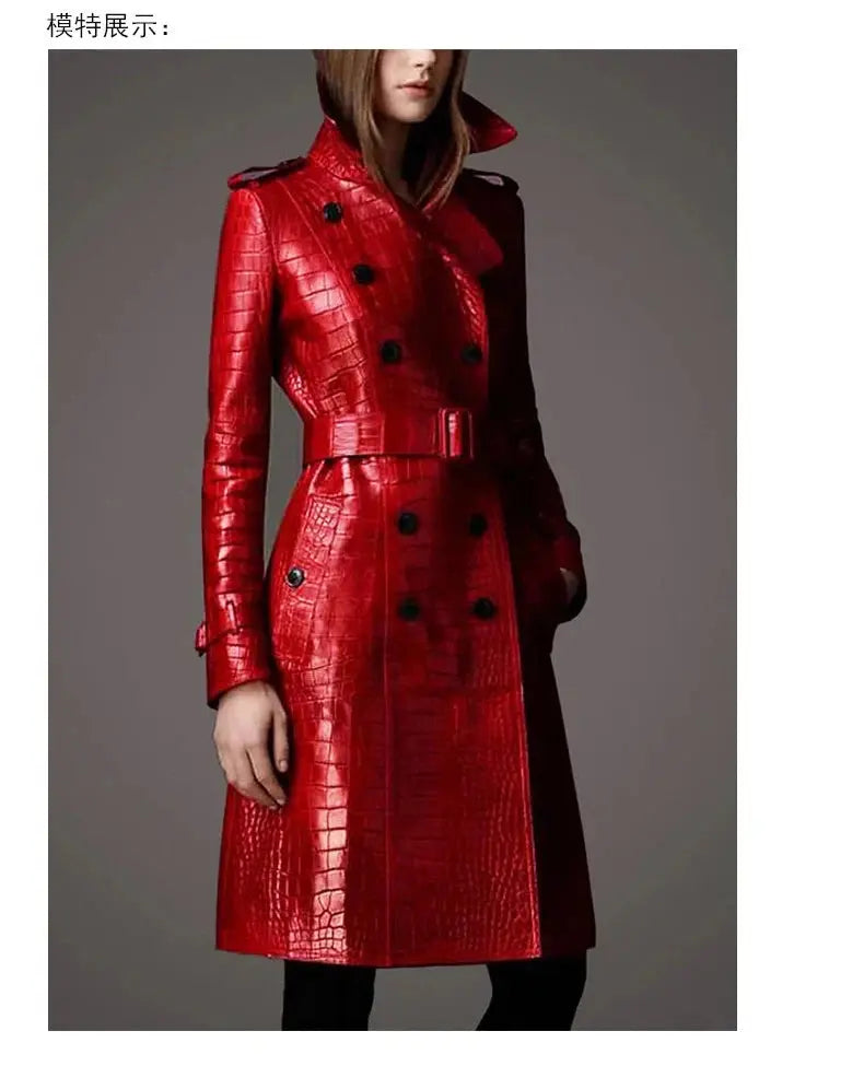 Lautaro Autumn Long Red Crocodile Print Leather Trench Coat for Women Belt Double Breasted Elegant British Style JNi3 shop
