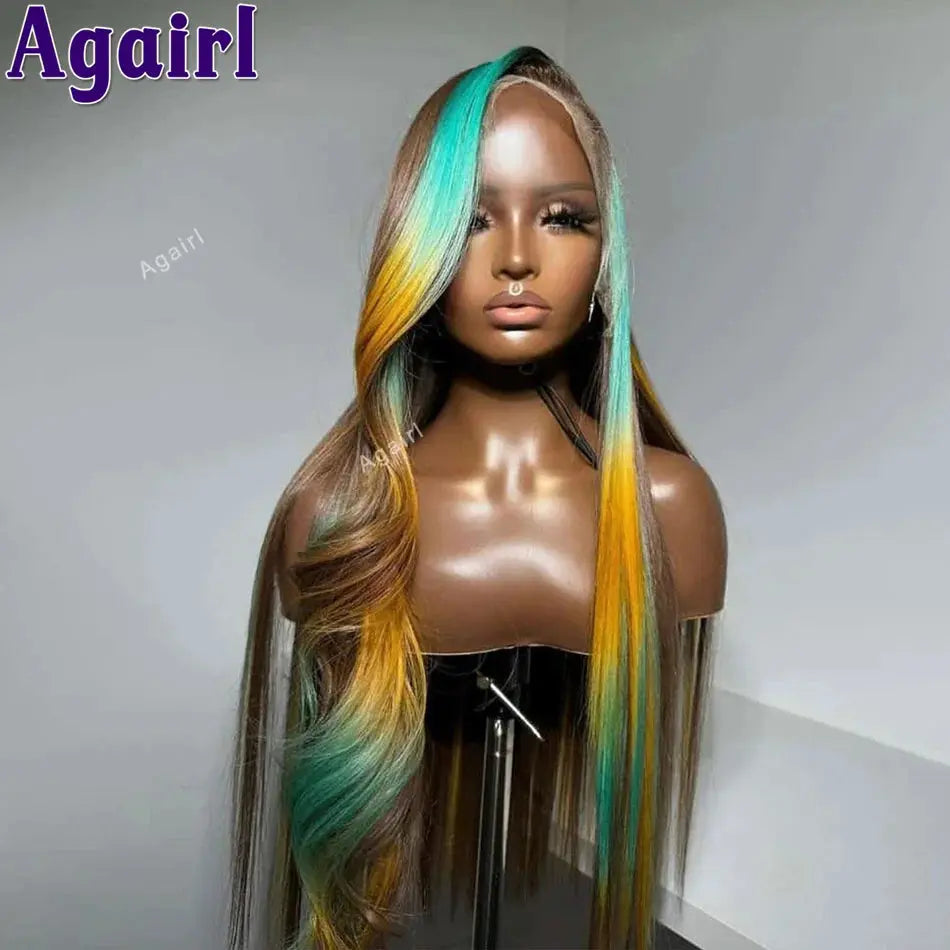 Highlights Ombre Blue Yellow 613 Colored Lace Closure Body Wave Wigs 13x6 Lace Frontal Human Hair Wigs Pre Plucked 200% JNi3 shop