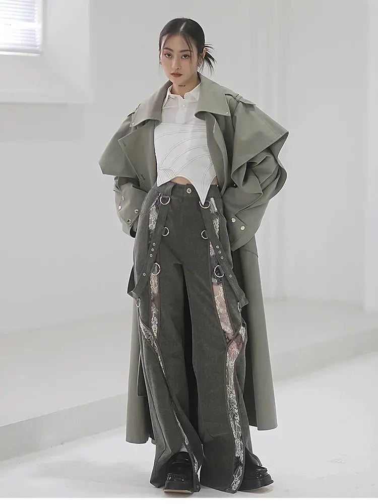 Mauroicardi Spring Long Oversized Elegant Ruffled Trench Coat for Women Double Breasted Luxury Designer Overcoat Runway Fashion JNi3 shop