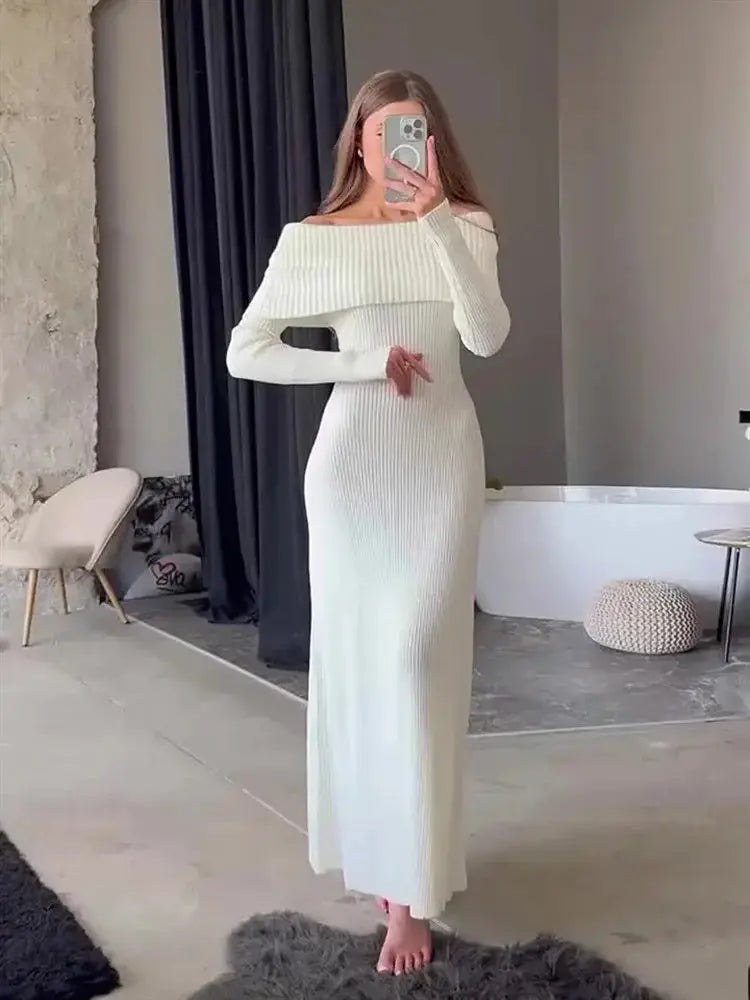 Tossy Fashion Knit Long Dress Off-Shoulder Female Ribbed Loose High Waist Elegant Autumn Party Dress Ladies Knitwear Maxi Dress JNi3 shop