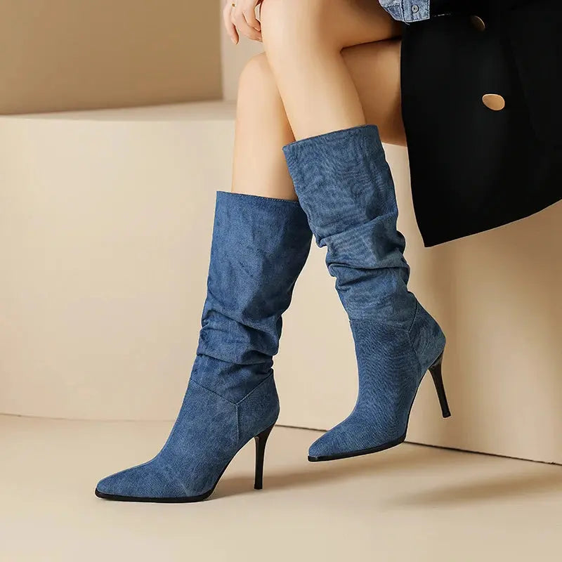Blue Denim Knee High Cowboy Boots for Women 2025 Autumn Pleated High Heels Long Boots Woman Stiletto Heeled Jeans Botas Shoes JNi3 shop