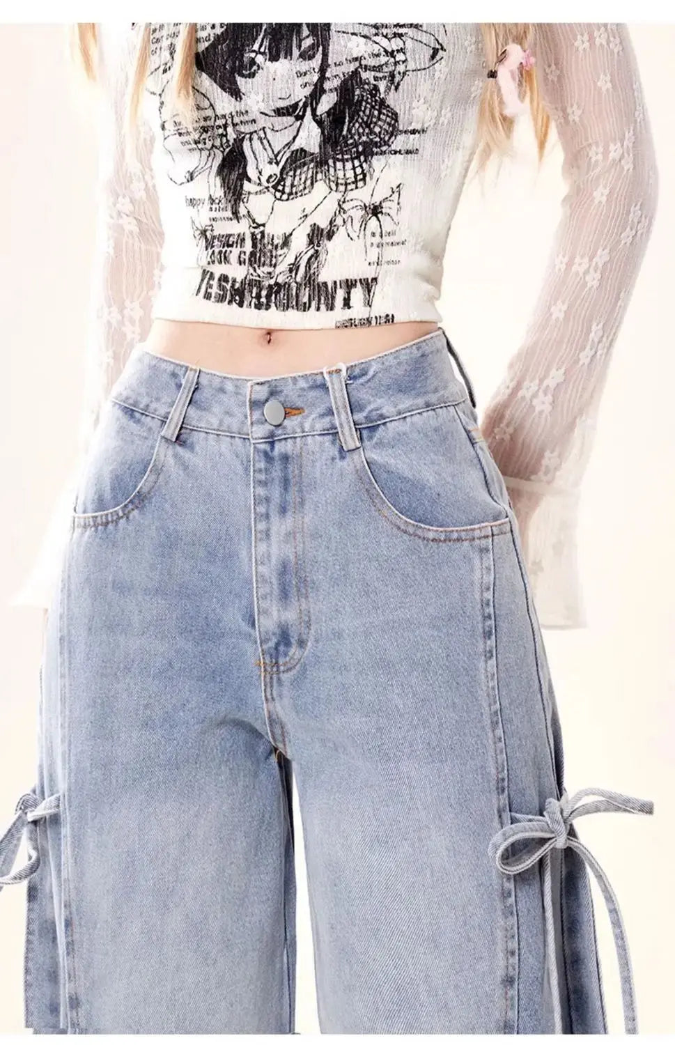 MEXZT Y2K 2000S Jeans Women Vintage Streetwear Bow Bandage Wide Leg Denim Pants Harajuku Korean Baggy Casual Straight Trousers JNi3 shop