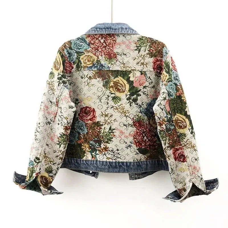 2025 Autumn New Versatile Printed Splicing Long Sleeve Collar Cowboy Jacket for Women, Short and Small Top Jacket Women JNi3 shop
