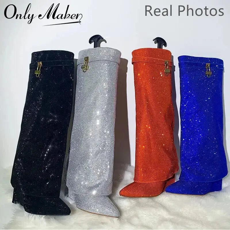 Onlymaker Women Rhinestones Knee High Boots Sexy Party Dress Wedding Shark Lock Bling Buckle Pointed Toe Boots JNi3 shop