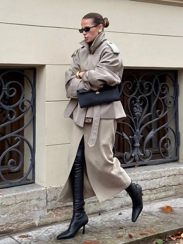 Lace Up Lapel Collar Windbreaker Women Shoulder Pat Long Sleeves Wide Shoulder Coats 2025 Autumn Commute Daily Jacket JNi3 shop