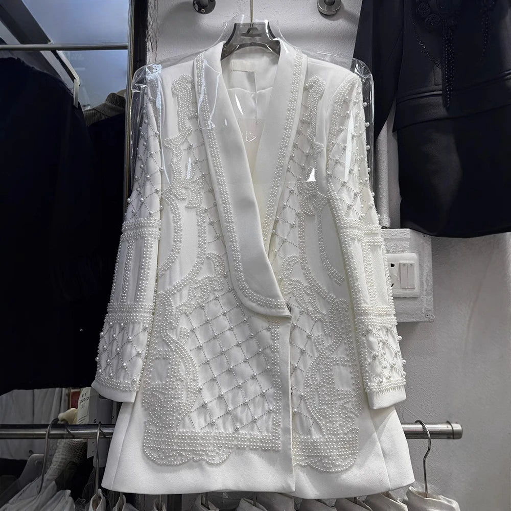 GALCAUR Solid Slimming Spliced Bead Blazer for Women Lapel Long Sleeves Patchwork Single Botton Fashion Coat Female Clothing New