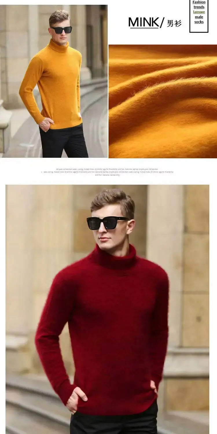 100% Male Mink Cashmere Sweater Solid Color Turtleneck Thick Autumn And Winter Loose Large Size Turtleneck Wool Bottoming Shirt JNi3 shop