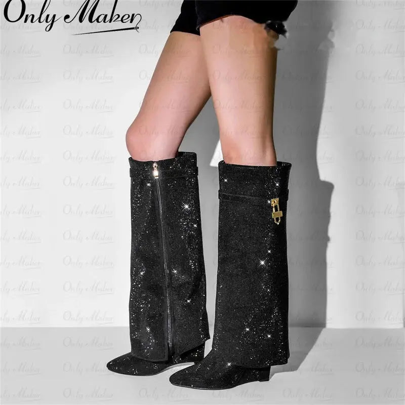Onlymaker Women Rhinestones Knee High Boots Sexy Party Dress Wedding Shark Lock Bling Buckle Pointed Toe Boots JNi3 shop