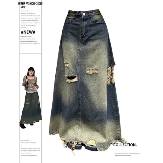 Women Denim Skirt Y2k Emo 2000s Clothes Long Skirt Harajuku Korean 90s Fashion Vintage Gradient A-line Jean Skirt Grunge Clothes JNi3 shop