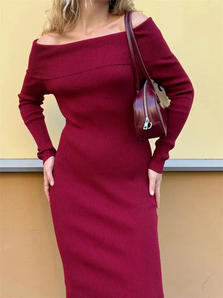 Tossy Fashion Knit Long Dress Off-Shoulder Female Ribbed Loose High Waist Elegant Autumn Party Dress Ladies Knitwear Maxi Dress JNi3 shop