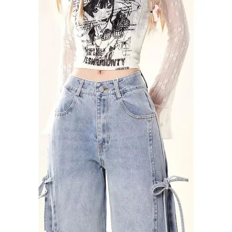 MEXZT Y2K 2000S Jeans Women Vintage Streetwear Bow Bandage Wide Leg Denim Pants Harajuku Korean Baggy Casual Straight Trousers JNi3 shop