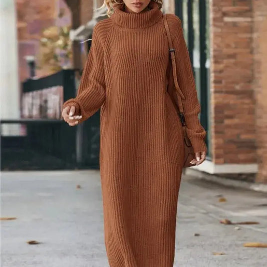 Winter New Women's Fashion Temperament Elegant Slim Fit Coat Long Woolen Dress Loose Casual High Neck Knitted Dress JNi3 shop