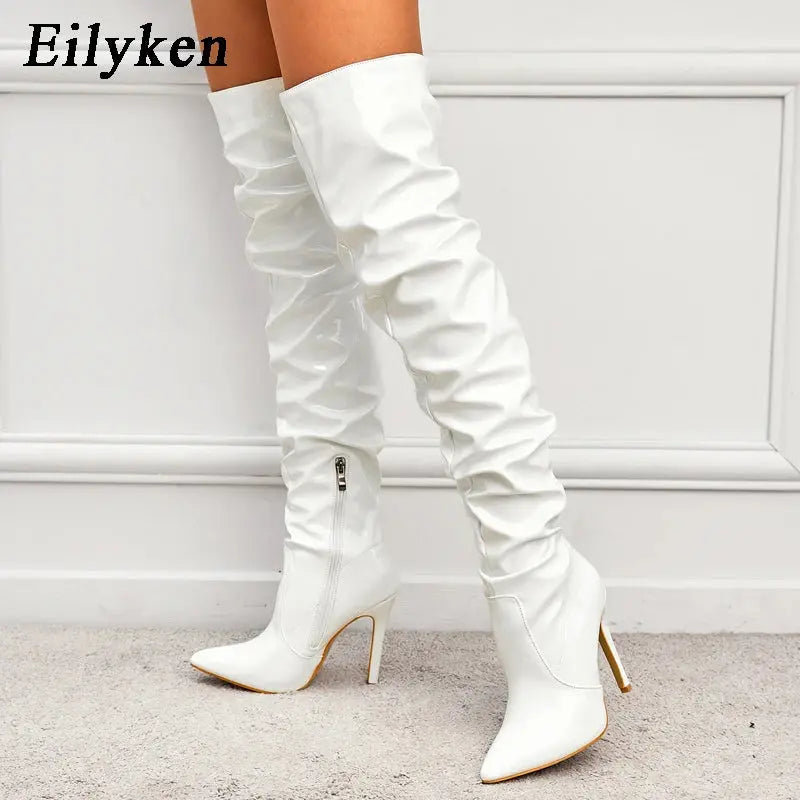 Eilyken Red Women Over The Knee Boots High Heels Patent Leather Solid Pointed Toe Stiletto Side Zipper Sapatos Femininos JNi3 shop