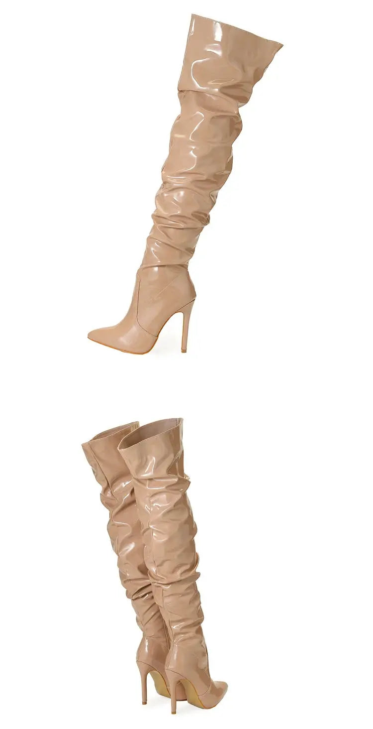 Eilyken Red Women Over The Knee Boots High Heels Patent Leather Solid Pointed Toe Stiletto Side Zipper Sapatos Femininos JNi3 shop