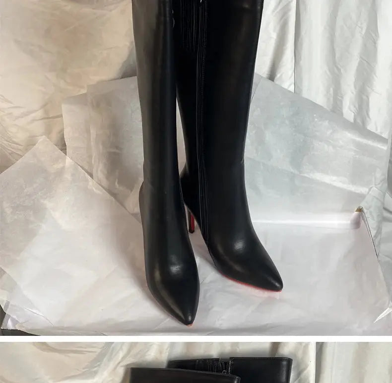 Ods Luxury Designer Sexy Pointed Toe Pole Knee High Brown Black Leather Red Sole Botas Mujer Boots For Women 8 10cm Big JNi3 shop