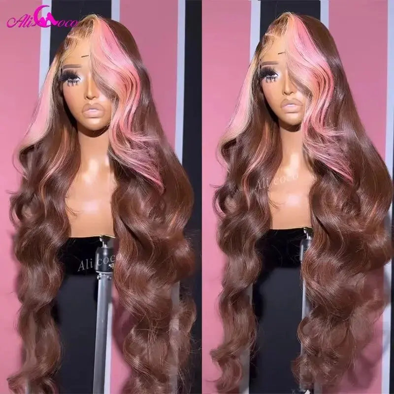Ali Coco HD Brown Pink 13x4 Body Lace Frontal Wig For Women 12A Pink Hightlight Lace Front Human Hair Wigs Preplucked JNi3 shop