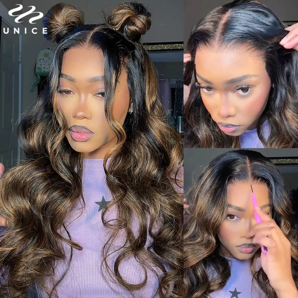 UNice Hair Drawstring Cap 13x4 Human Hair Lace Frontal Wig With Bangs FB30 Balayage Body Wave Wig Pre Everything Glueless Wigs JNi3 shop