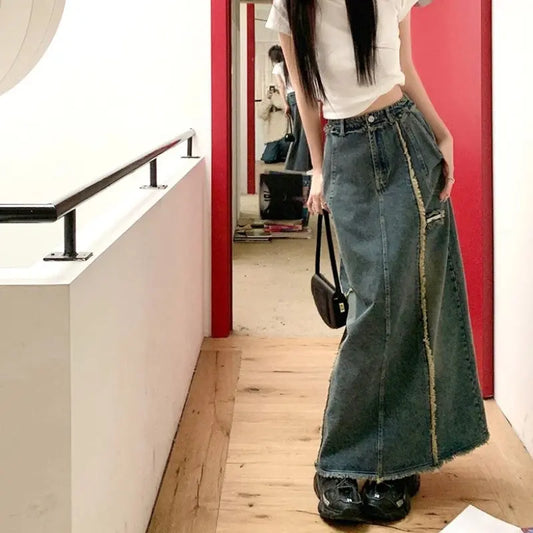 Seoulish High Waist Vintage Patchwork Women's Denim Skirts 2025 New Back Split Casual Loose Straight Jeans Long Skirts Female JNi3 shop