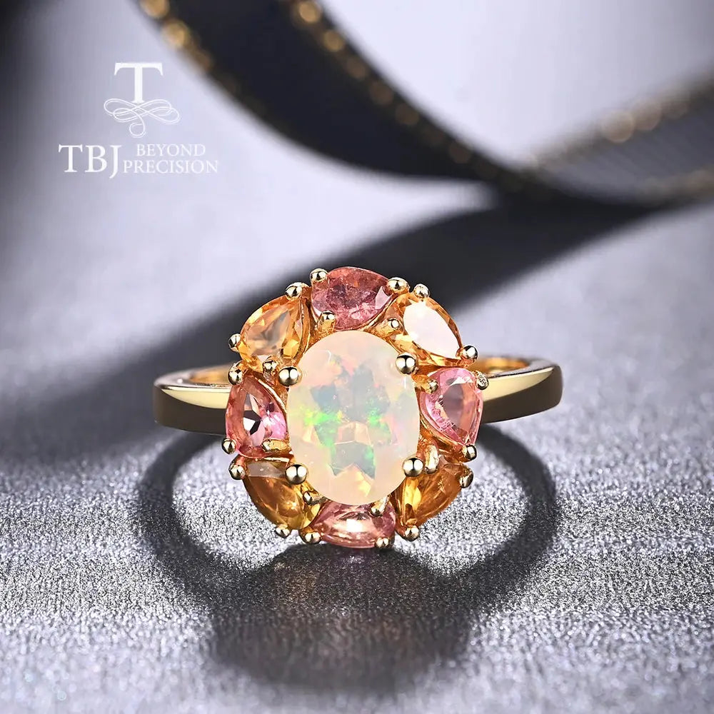 Colorful natural opal cut with natural tourmaline gemstone gorgeous design ring 925 sterling silver fine jewelry gift for mom JNi3 shop