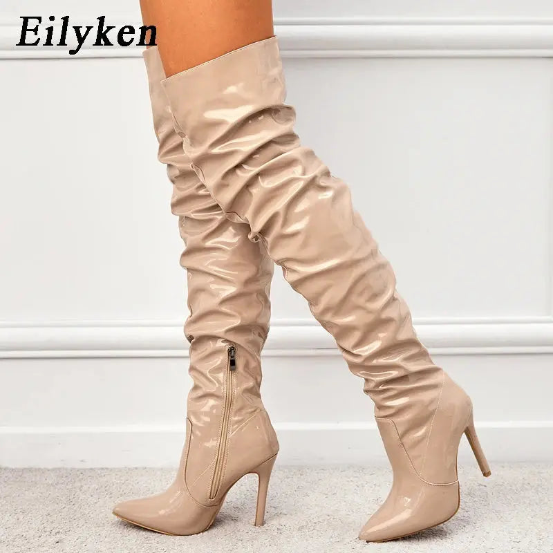 Eilyken Red Women Over The Knee Boots High Heels Patent Leather Solid Pointed Toe Stiletto Side Zipper Sapatos Femininos JNi3 shop