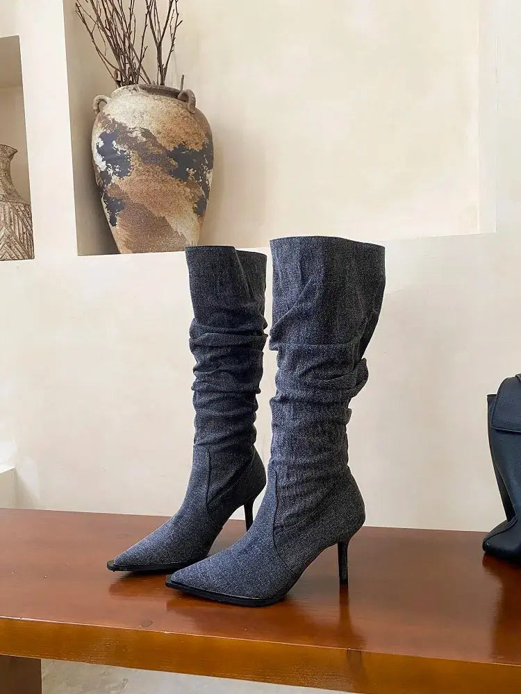 Eilyken New Sexy Thin Heels Pointed Toe Women Knee High Boots Autumn Winter Shoes 2026 High Quality Denim Zapatos Mujer JNi3 shop