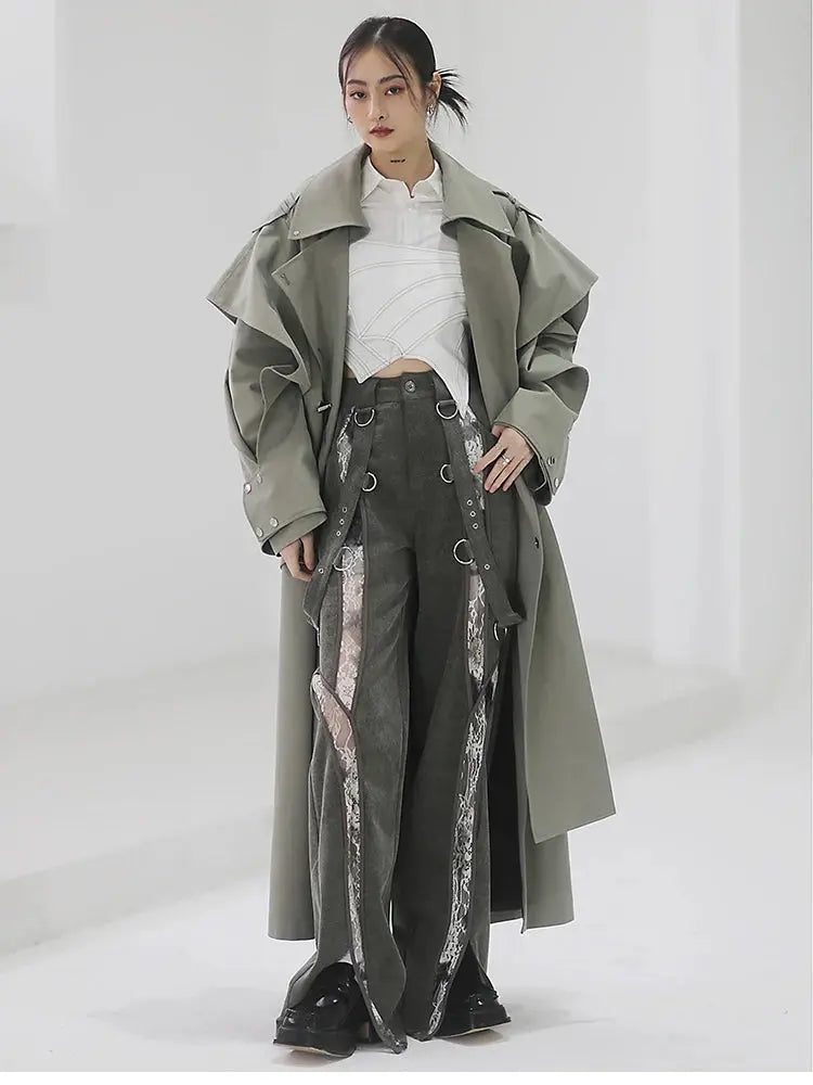 Mauroicardi Spring Long Oversized Elegant Ruffled Trench Coat for Women Double Breasted Luxury Designer Overcoat Runway Fashion JNi3 shop