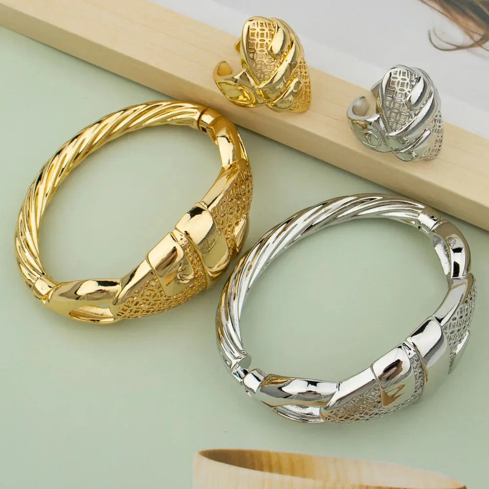 Cuff Bangle With Ring For Women 18K Gold Plated Bracelet Jewelry Nigerian Wedding Party Gift Dubai Hollow Out Design Bracelet JNi3 shop