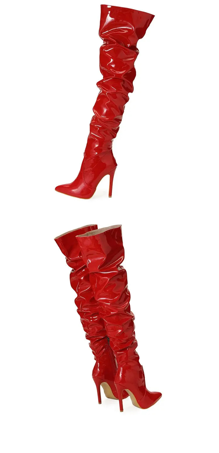 Eilyken Red Women Over The Knee Boots High Heels Patent Leather Solid Pointed Toe Stiletto Side Zipper Sapatos Femininos JNi3 shop