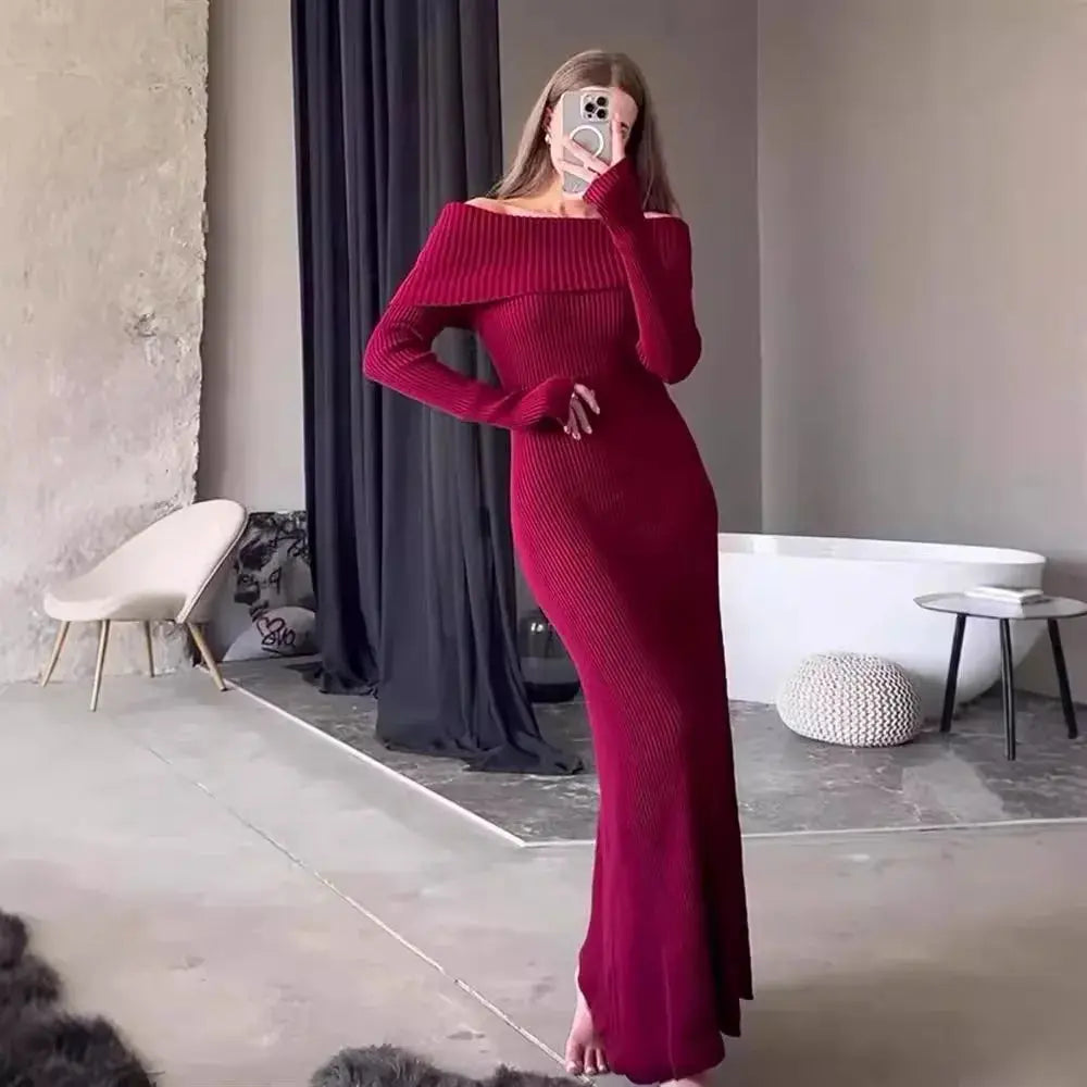 Tossy Fashion Knit Long Dress Off-Shoulder Female Ribbed Loose High Waist Elegant Autumn Party Dress Ladies Knitwear Maxi Dress JNi3 shop