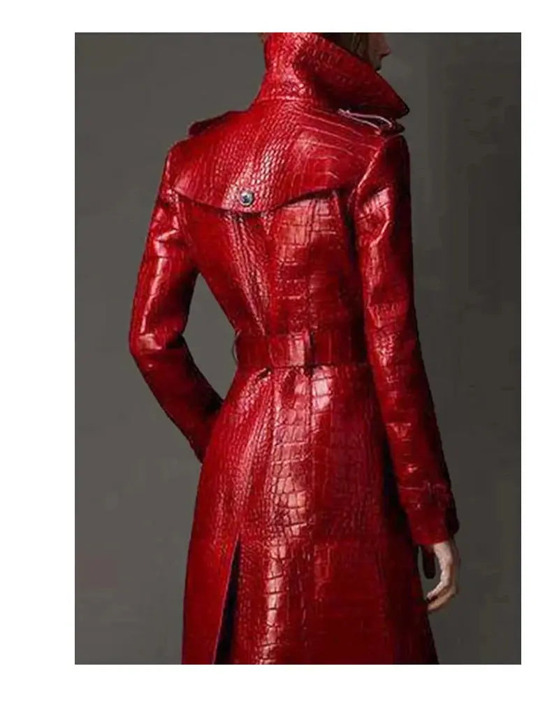 Lautaro Autumn Long Red Crocodile Print Leather Trench Coat for Women Belt Double Breasted Elegant British Style JNi3 shop