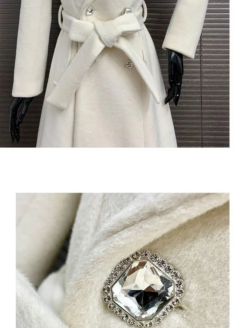 New Elegant White Woolen Coat - Thick Double-Breasted Long Winter/Autumn
