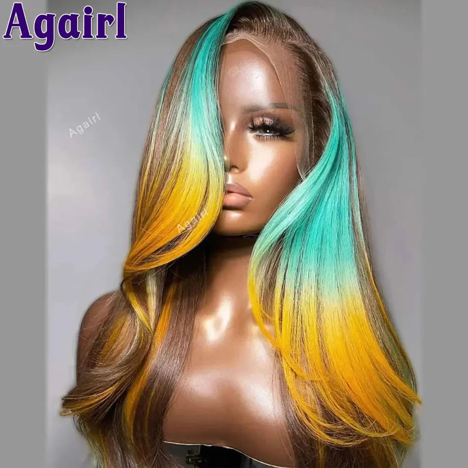 Highlights Ombre Blue Yellow 613 Colored Lace Closure Body Wave Wigs 13x6 Lace Frontal Human Hair Wigs Pre Plucked 200% JNi3 shop