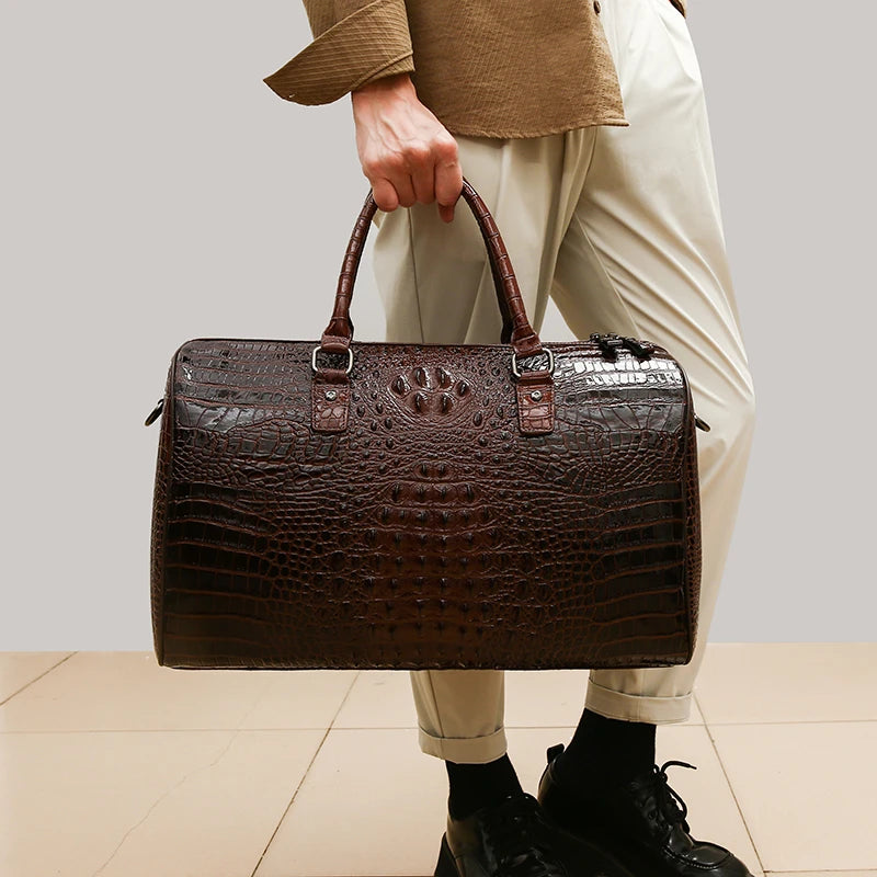 Men’s Luxury Crocodile Pattern Travel Duffel – Large Capacity Glossy Alligator Embossed Weekender & Business Luggage