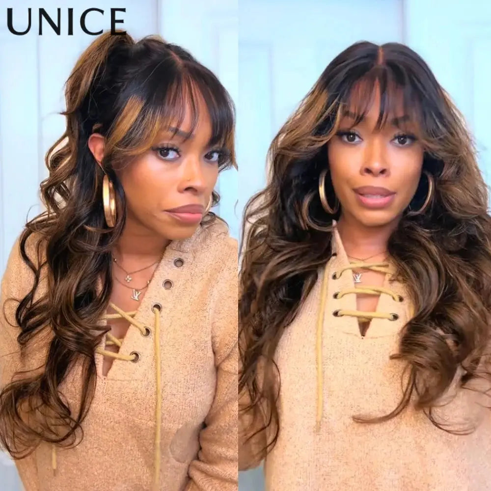 UNice Hair Drawstring Cap 13x4 Human Hair Lace Frontal Wig With Bangs FB30 Balayage Body Wave Wig Pre Everything Glueless Wigs JNi3 shop