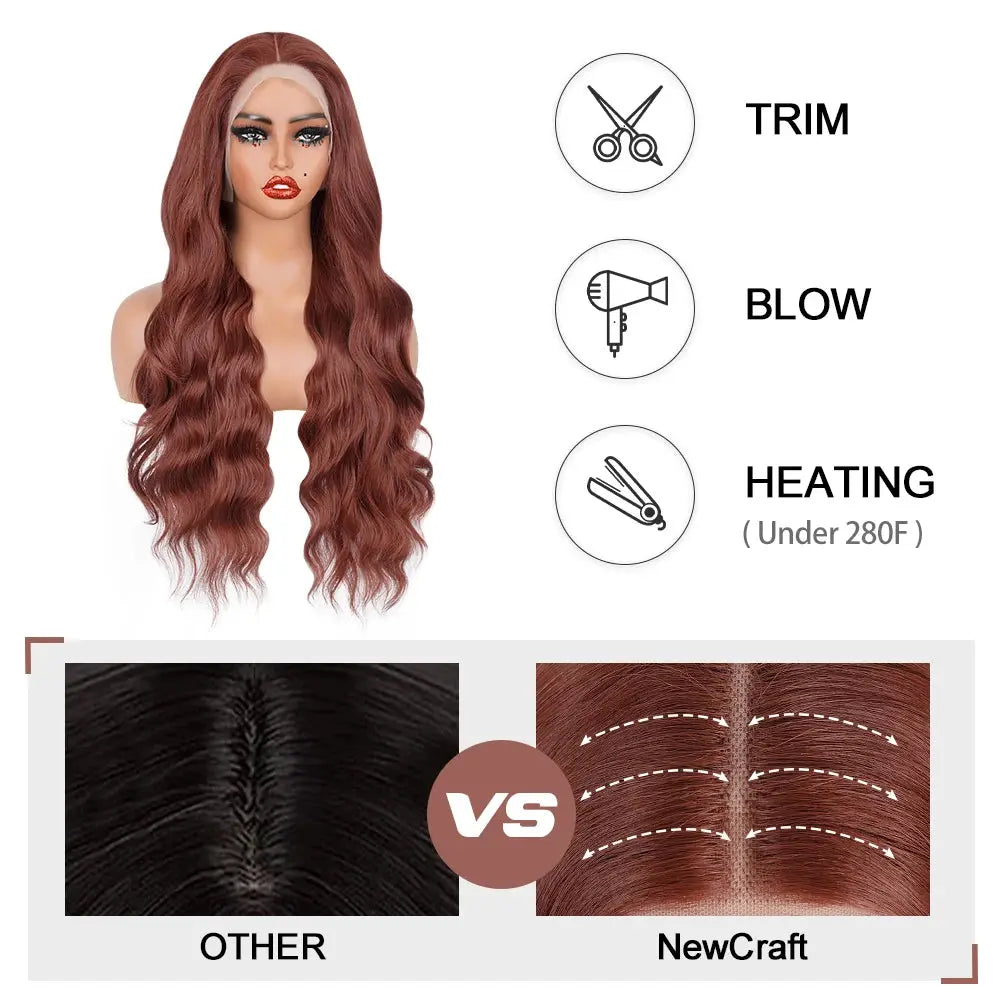 13x6 Reddish Brown Women's Wigs Synthetic Lace Front Wig Red Body Wave Lace Frontal Wig Glueless Pre Plucked With Baby Hair Wig JNi3 shop