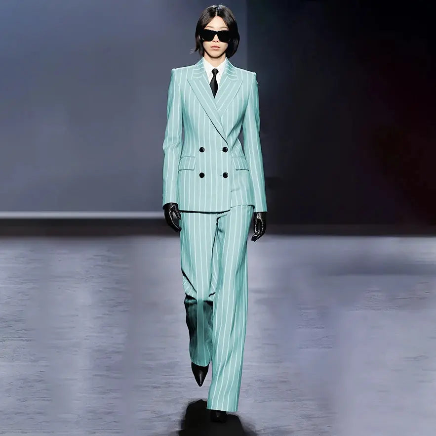 Dark Blue Stripes Women Suit Customized Double-breasted Peak Lapel Two Pieces(Jacket+Pants) Business Office Lady Competent Set JNi3 shop