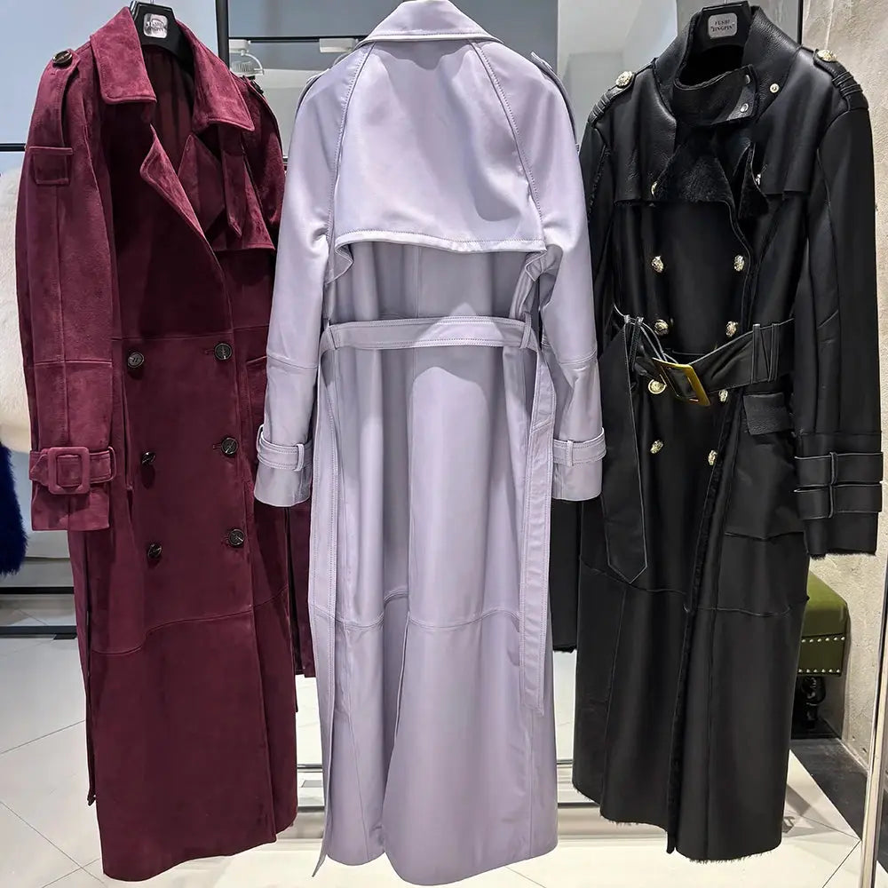 Women's Real Leather Trench Coat Long High Quality Windbreak Oversized JNi3 shop