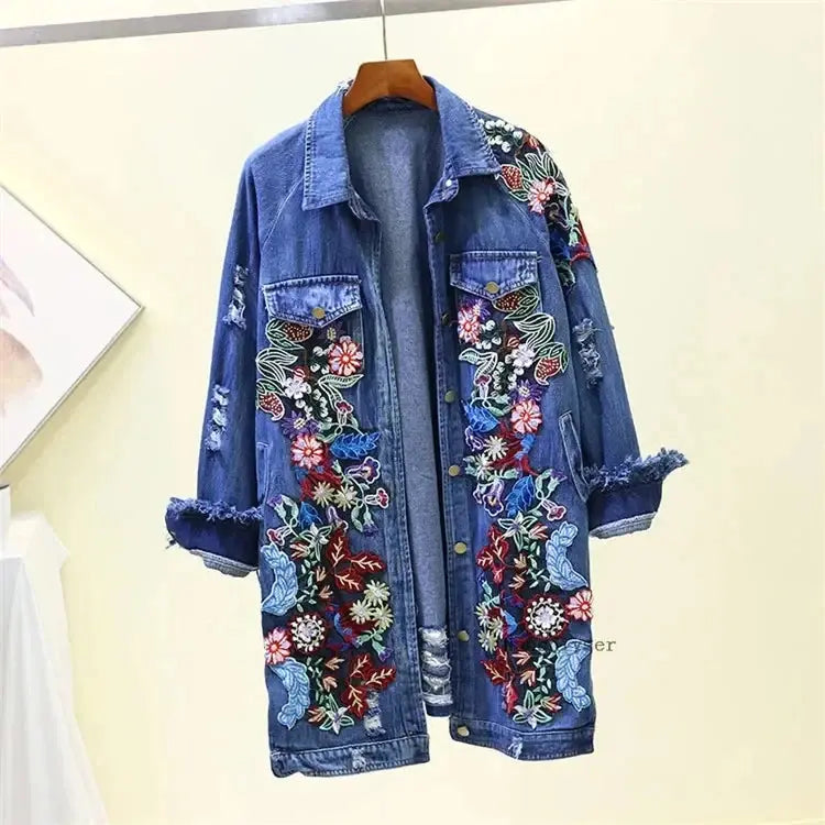 Spring Autumn Loose Vintage Flower Embroidered Denim Jacket Women Single-breasted Casual Raw Fringe Hole Jeans Jackets Female JNi3 shop