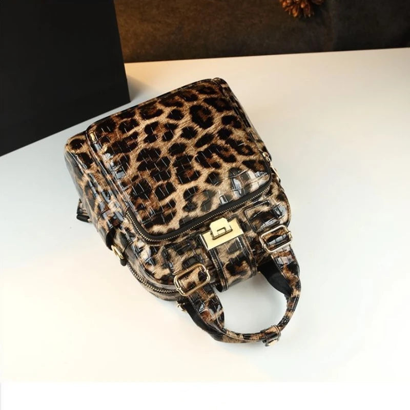 Genuine Leather Travel Backpack Leopard Print Storage Bag Designer Luxury Handbag