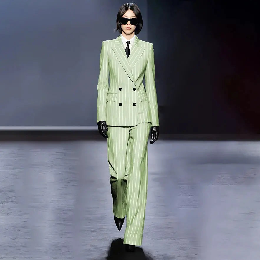 Dark Blue Stripes Women Suit Customized Double-breasted Peak Lapel Two Pieces(Jacket+Pants) Business Office Lady Competent Set JNi3 shop